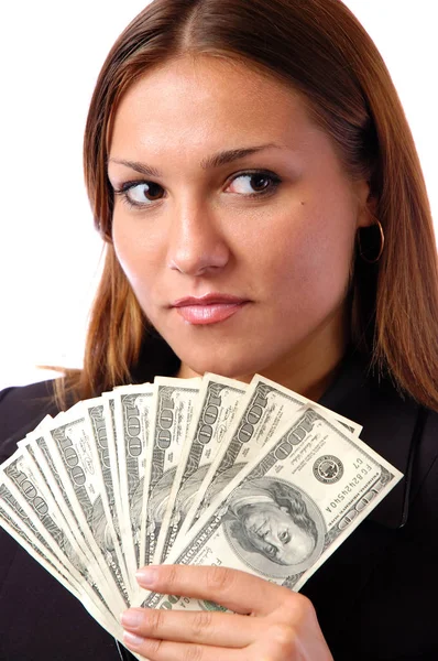 Ευτυχισμένη νεαρή γυναίκα πορτρέτο με χρήματα — Φωτογραφία Αρχείου