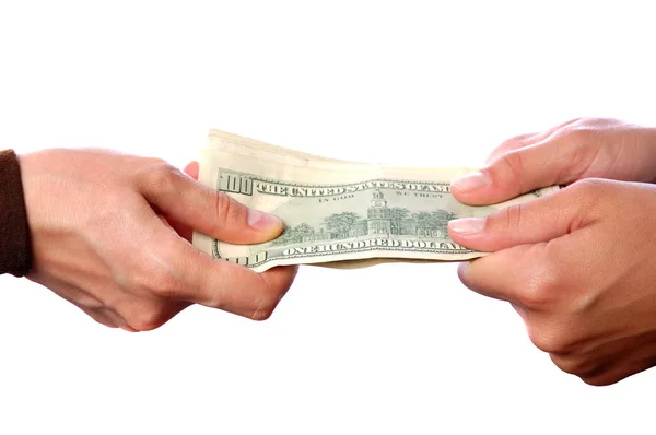 Τα χέρια, δίνοντας χρήματα που απομονώνονται σε λευκό φόντο — Φωτογραφία Αρχείου