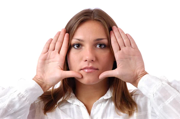 Girl shows palms near the face Royalty Free Stock Photos