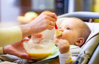 Tanımlanamayan annelerin eli, yeni doğmuş şirin bir kızı bebek mamasıyla dikkatlice besler. Çocuklar için çocuk bakımı ve kaliteli ürünler kavramı
