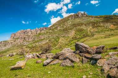 Büyük kayalık uçurumlar ve ormanla kaplı yeşil vadi manzarası. Güzel dağ manzarası