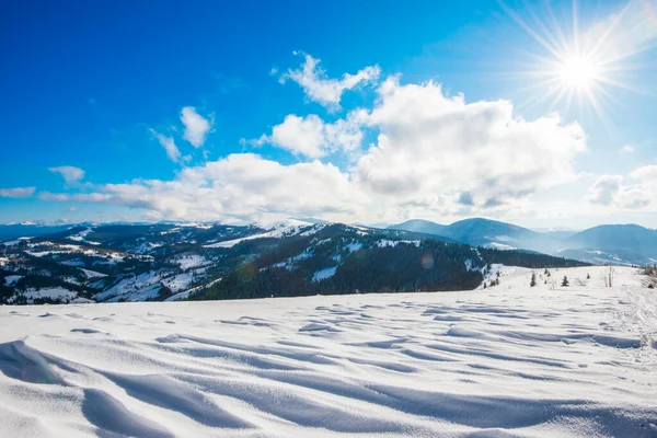 Beautiful Bewitching View Mountain Slopes Dense Thickets Trees Snowdrifts Sky — Stock Photo, Image