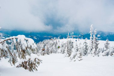 Bulutlu bir kış gününde ağaçlarla kaplı kar kaplı bir yamacın üzerinde bulunan funiculars 'ın güzel alt manzarası. Avrupa kayak merkezi konsepti. Kopyalama alanı