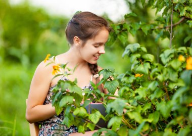 Bahçede hasat toplarken uzun kahverengi örgülü gülümseyen genç kızın yan görüntüsü. Dişi ergen, lezzetli böğürtlenleri toplamaktan zevk alıyor..