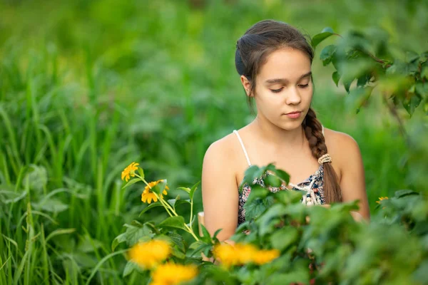 Kahverengi örgülü beyaz kadın gencin seçici odağı çalılık ve çiçeklerin yanındaki ahşap sandalyede oturuyor. Kırsal kesimde hasat toplayan çiftçi kız manzarası.