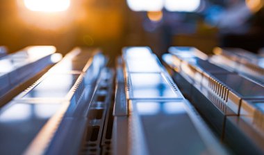 Seri radyo-elektronik ürünlerin üretimi için kullanılan evrensel plastik kutular pencereden yansıyan altın arka plan ışığı. Stratejik sivil ve askeri donanım kavramı