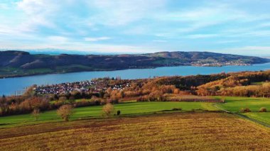 Geniş sakin Ren nehrinin yakınındaki yeşil çimenli ve yaprak döken bahar ağaçları ile dağların ve tepelerin zemininde köy evleri ve bulutlu gökyüzü olan geniş çayırlar. 4K UHD video gerçek zamanlı