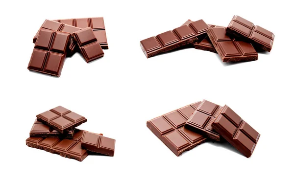 Kolekce Fotografií Tmavá Mléčná Čokoláda Pruhy Zásobníku Izolovaných Bílém Pozadí — Stock fotografie
