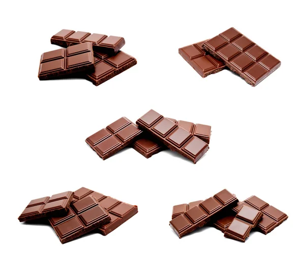 Collection of photos dark milk chocolate bars stack isolated on a white background