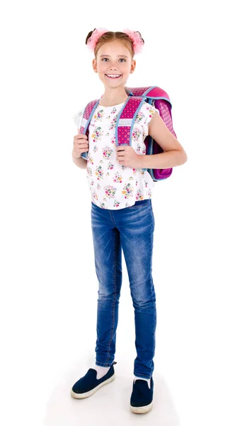 Portrait Smiling Happy School Girl Child School Bag Backpack Books — Stock Photo, Image