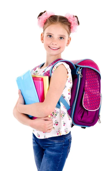 Retrato Niña Feliz Sonriente Escuela Con Mochila Del Bolso Escuela —  Fotos de Stock