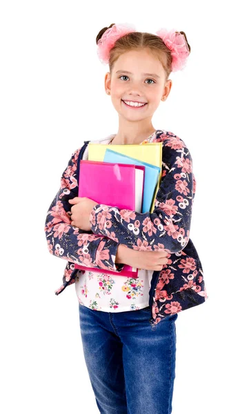 Retrato Una Niña Sonriente Feliz Con Libros Aislados Sobre Concepto —  Fotos de Stock