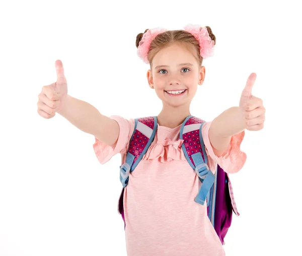 Porträt Eines Lächelnden Glücklichen Schulmädchens Mit Schulranzen Rucksack Und Zwei — Stockfoto