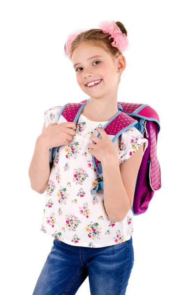 微笑愉快的学校女孩的画像与书包背包和书隔绝在白色背景教育概念 — 图库照片