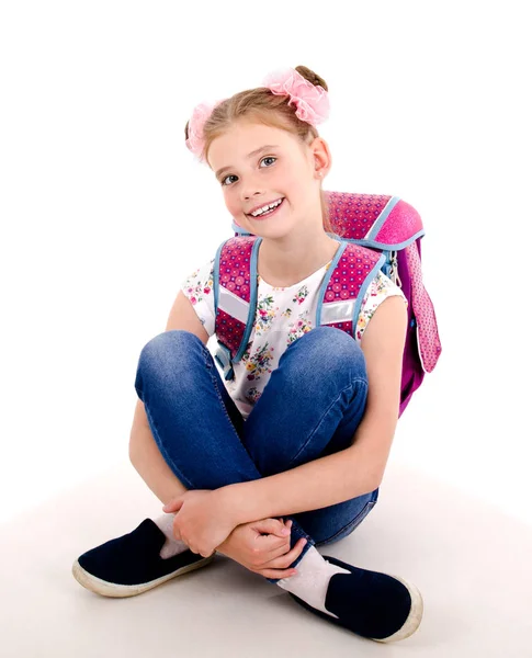 Retrato Niña Feliz Sonriente Escuela Con Mochila Del Bolso Escuela — Foto de Stock