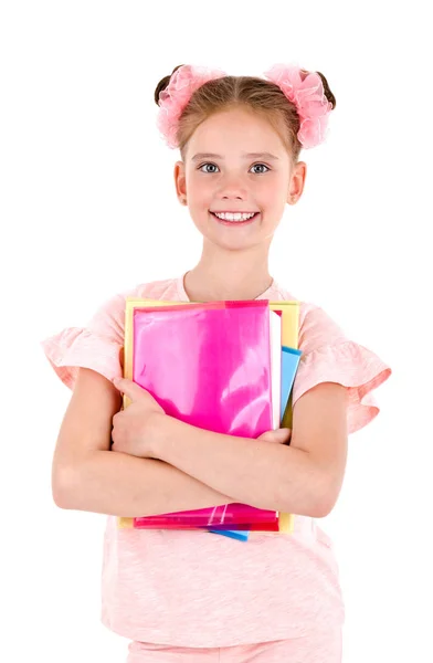 Portrait Une Enfant Souriante Heureuse Écolière Avec Des Livres Isolés — Photo