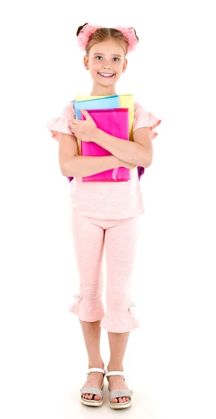 Porträt Eines Lächelnden Glücklichen Schulmädchens Mit Schulranzen Rucksack Und Büchern — Stockfoto