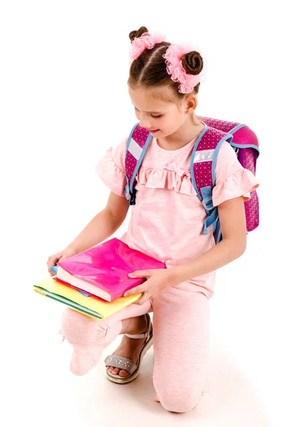 Portrait Smiling Happy School Girl Child School Bag Backpack Books — Stock Photo, Image