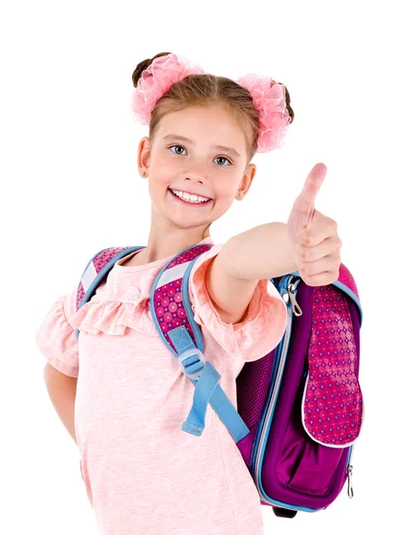 Ritratto Bambina Sorridente Felice Della Scuola Con Zaino Della Borsa — Foto Stock