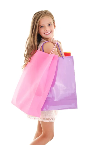 Adorable Petite Fille Enfant Tenant Shopping Sacs Papier Coloré Isolé — Photo