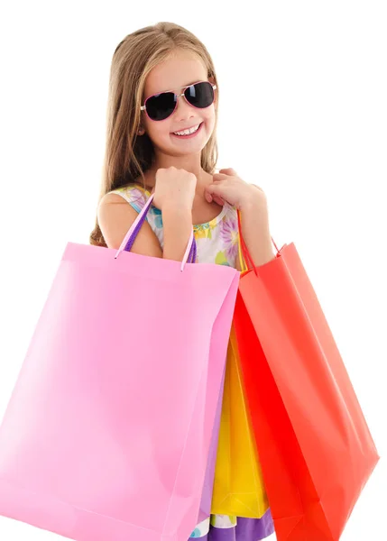 Adorabile Bambina Occhiali Sole Che Tiene Shopping Borse Carta Colorate — Foto Stock