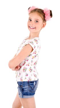 Sevimli gülümseyen küçük kız çocuk beyaz izole portresi