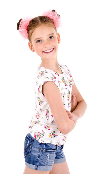 Retrato Adorável Sorridente Menina Criança Isolada Branco — Fotografia de Stock