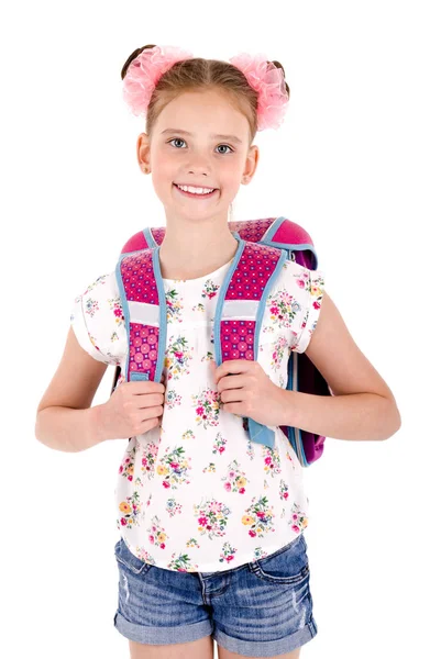 Retrato Criança Menina Escola Feliz Sorridente Com Mochila Escola Isolada — Fotografia de Stock