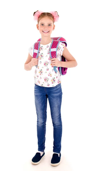 微笑快乐学校女孩的肖像与书包背包隔离在一个白色的背景教育概念 — 图库照片