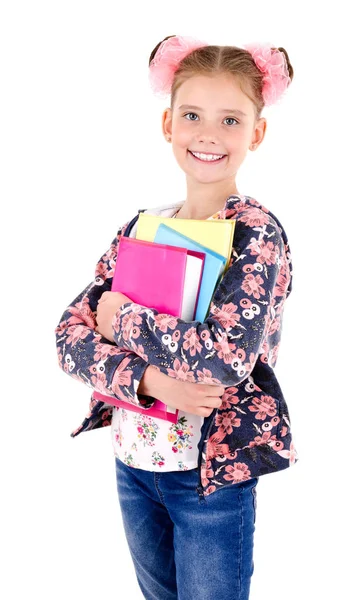 Porträt Eines Lächelnden Glücklichen Schulmädchens Mit Schulranzen Rucksack Und Büchern — Stockfoto