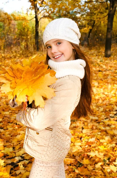 Sonbahar Yaprakları Açık Havada Ile Sevimli Gülümseyen Küçük Kız Çocuğu — Stok fotoğraf