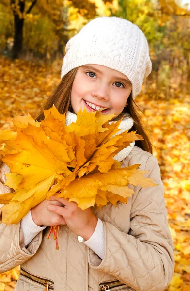 Autunno Ritratto Adorabile Sorridente Bambina Con Foglie All Aperto — Foto Stock