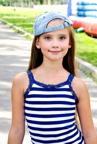 Adorable Happy Smiling Little Girl Child Skateboard Outdoors Summer Day — Stock Photo, Image