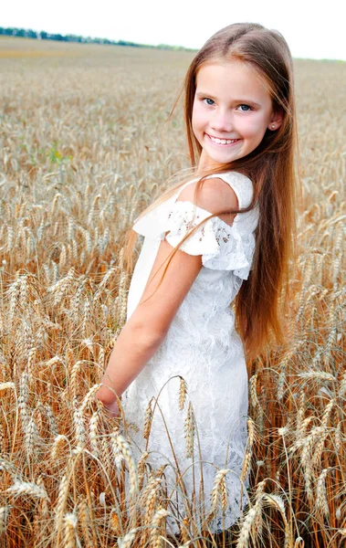 Smiling Cute Little Girl Field Wheat Outdoor — Stock Photo, Image