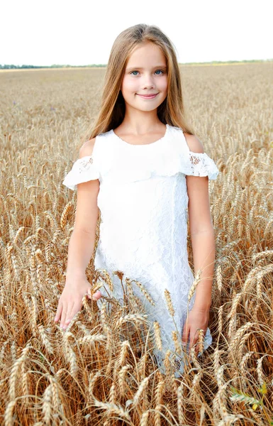 Smiling Cute Little Girl Child Field Wheat Outdoor — Stock Photo, Image