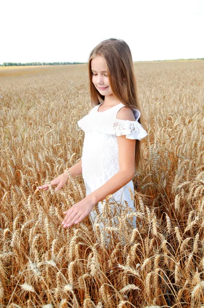 Smiling Cute Little Girl Child Field Wheat Outdoor — Stock Photo, Image