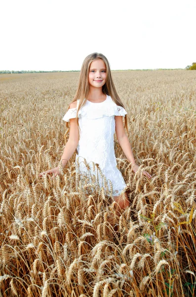 Sevimli Küçük Kız Çocuğu Buğday Açık Alan Üzerinde Gülümseyen — Stok fotoğraf
