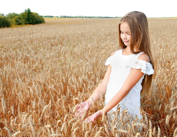 屋外の小麦畑にかわいらしい女の子子供の笑顔 — ストック写真