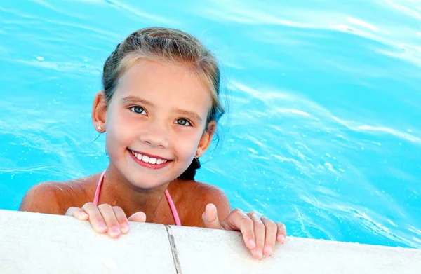 Cute Smiling Happy Little Girl Child Swimming Pool Summer Day — Stock Photo, Image
