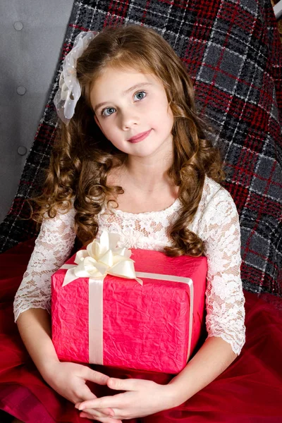 Adorable Smiling Little Girl Princess Dress Holding Gift Box Christmas — Stock Photo, Image