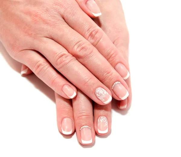 Unhas Mulher Com Belo Design Moda Manicure Francês Com Gemas — Fotografia de Stock