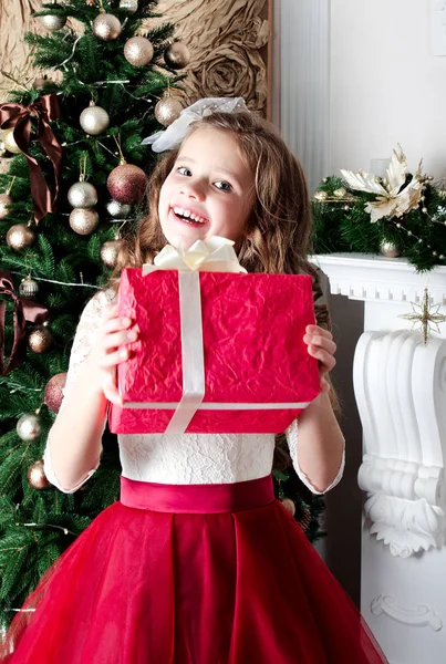 Adorable Petite Fille Souriante Heureuse Robe Princesse Avec Boîte Cadeau — Photo