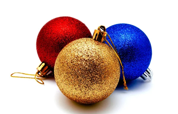 Decoratie Gouden Goud Geel Rood Blauw Kerstballen Geïsoleerd Een Witte — Stockfoto