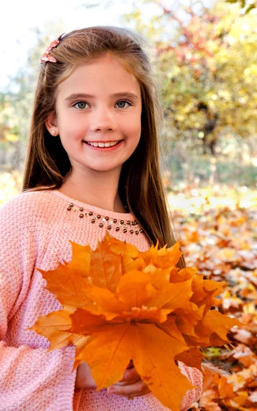 Autumn Portrait Adorable Smiling Little Girl Child Leaves Outdoors — Stock Photo, Image