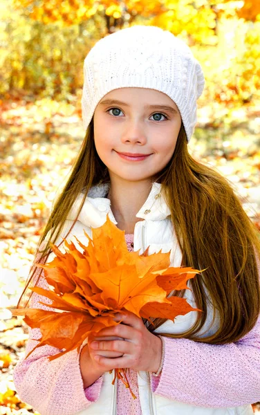 Retrato Otoñal Adorable Niña Sonriente Con Hojas Aire Libre — Foto de Stock