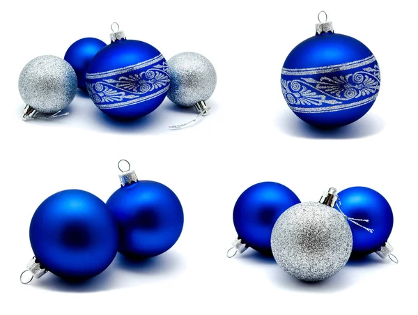 Collezione Foto Natale Decorazione Palle Blu Argento Isolato Uno Sfondo — Foto Stock