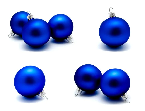 Samlingen Bilder Juldekoration Blå Bollar Isolerad Vit Bakgrund — Stockfoto