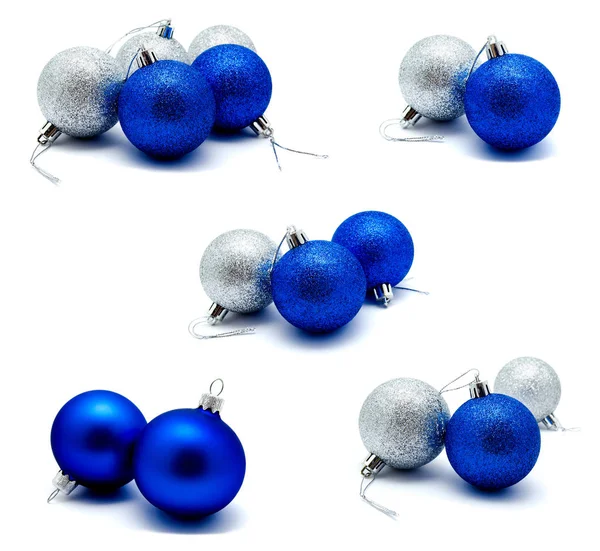 Collezione Foto Natale Decorazione Palle Blu Argento Isolato Uno Sfondo — Foto Stock