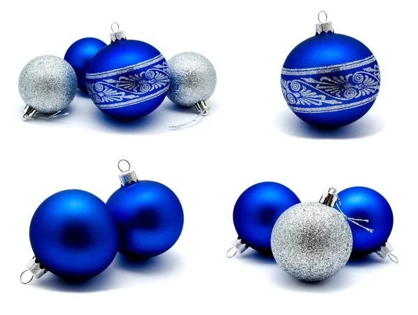 Collection Photos Christmas Decoration Blue Silver Balls Isolated White Background — Stock Photo, Image