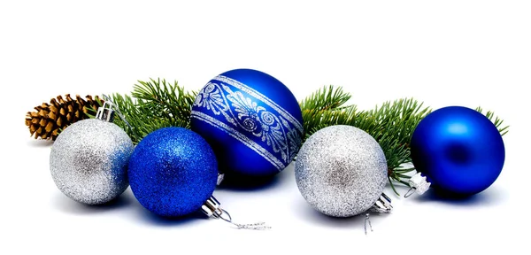 Christmas Decoration Blue Silver Balls Fir Cones Fir Tree Branches — Stock Photo, Image